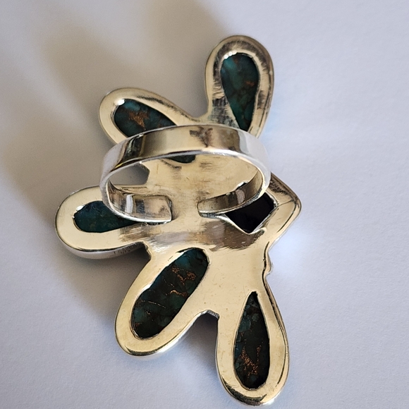 Cluster Turquoise Native American Ajustable Ring Sterling Silver Size 7 And Up - Picture 6 of 8